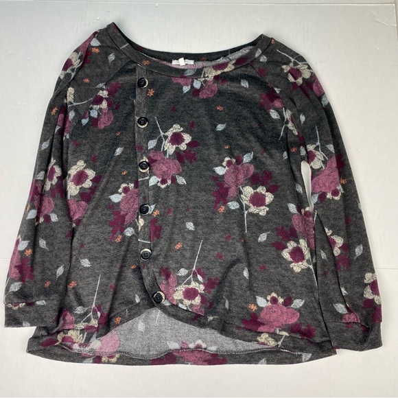 Maurices Women's XXL Shirt Gray Pink Floral Knit Button Detail Polyester Spandex - Picture 1 of 6